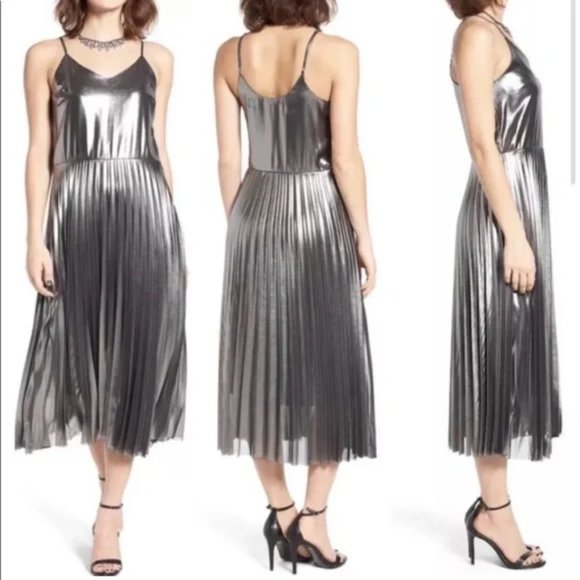 love, Fire Dresses & Skirts - Love Fire Pewter Silver Pleated Foil Spaghetti Strap Midi Dress